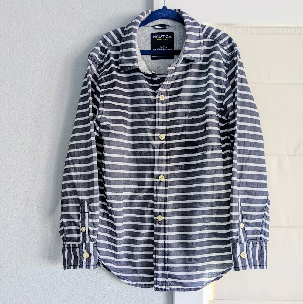 Nautica Button Front Shirt Boy's Gray Stripes Large 7